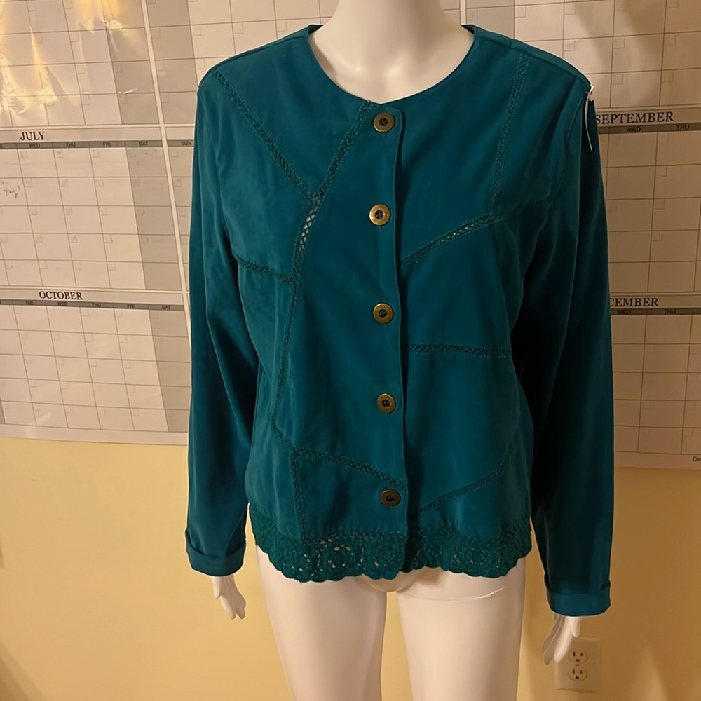 Vintage Koret Blazer Womens Blue Patchwork Crochet Retro 80s 90s Jacket L